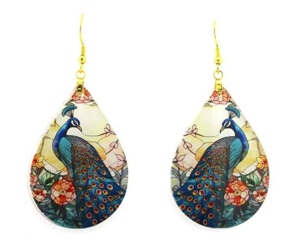 Asian peacock earrings on a yellow background