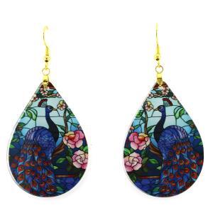 exotic peacock earrings in vibrant blue with pink flowers in an Asian garden