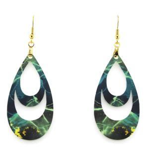 galaxy teardrop earrings with varied shades of green with yellow flecks