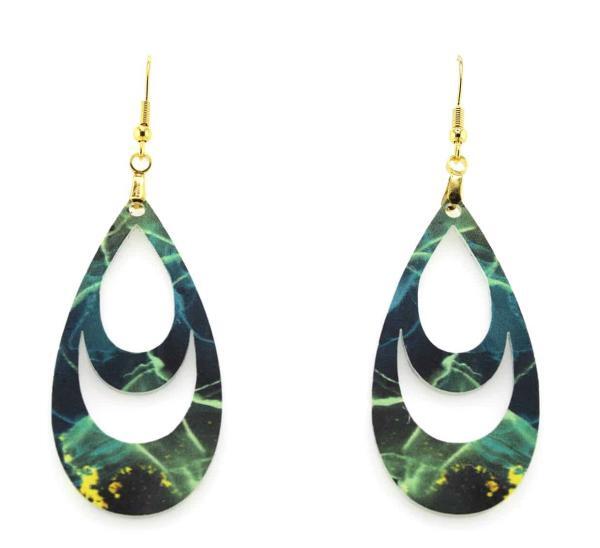 galaxy teardrop earrings with varied shades of green with yellow flecks