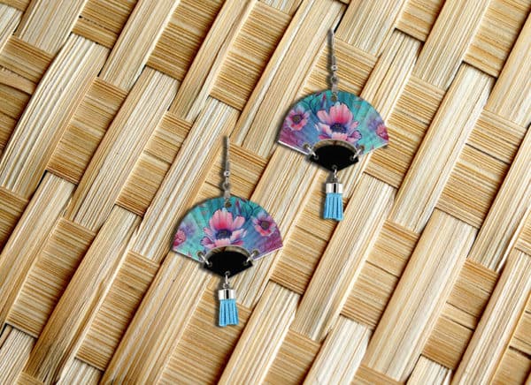 tranquil aqua fan-shaped earrings on wicker